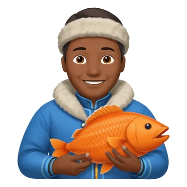 inuit man with traditional inuit clothes and orange fish sticker