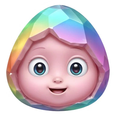 One pastel rainbow quartz rock baby character, small round faceted head, smooth but clearly rock-like, soft iridescent reflections, huge eyes and tiny smiling mouth, 3D render, high detail, plain dark background, no extra objects sticker