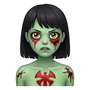 Um zumbi feminino, com cabelo preto e franja, machucados pelo rosto e torso, fundo escuro destacando o rosto com sombras pele verde sticker