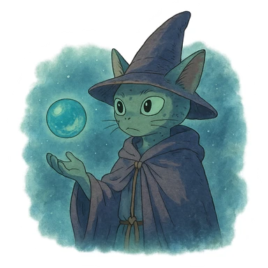 alien cat wizard with a floating orb in a mystical atmosphere sticker