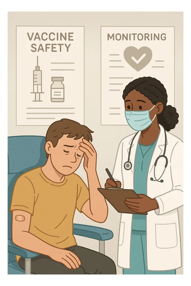 Vertical, educational medical illustration: a healthcare professional observes a patient who appears unwell after receiving a vaccine. The patient sits in a clinic chair, showing mild symptoms such as fatigue or headache, while the professional takes notes and offers reassurance. The background includes educational posters about vaccine safety and monitoring. sticker