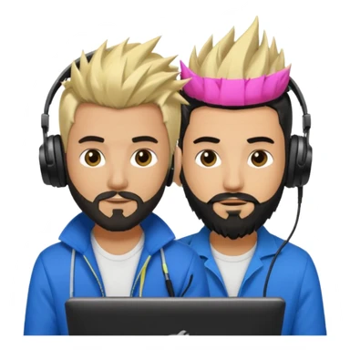 Two male dj’s, one with a long spiky Blonde hair, the second one black short hair and black beard sticker