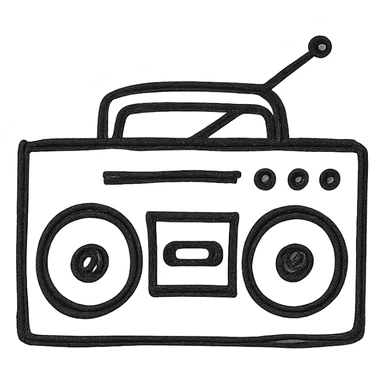 Boombox icon, hand drawn, black outlines, no fill, simple and clean, side view sticker