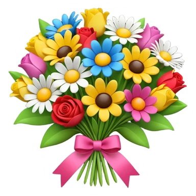 Apple-style 3D emoji of a colorful flower bouquet, tied together with a small ribbon, different bright flowers like roses, tulips and daisies, cheerful and elegant design, no background sticker