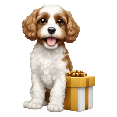 Brown and white cavapoo and new year gift box sticker