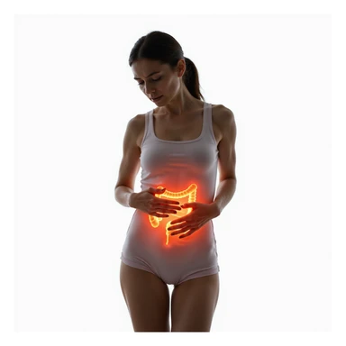standing woman with suffering face, hands on abdomen, intestinal area highlighted with red or orange halo, hyperrealistic 4K details, vertical 9:16 format, isolated white background sticker