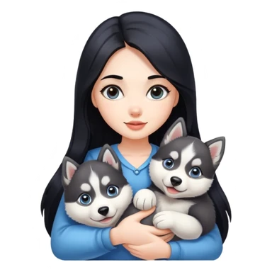 beautiful girl with long black hair holding a cute husky puppy sticker