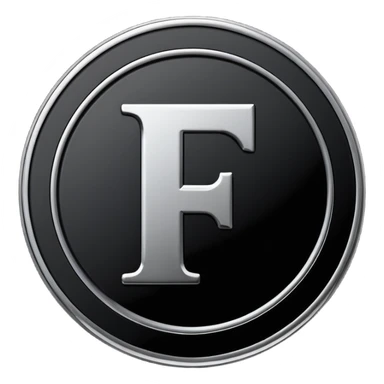 Emoji icon of a black coin with engraved letter F, minimalist style, isolated, only black color sticker