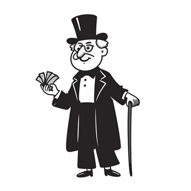 old white man with a top hat, monocle in left eye, holding stacks of money in right hand and a wooden cane in left hand, in a Black Doodle style sticker
