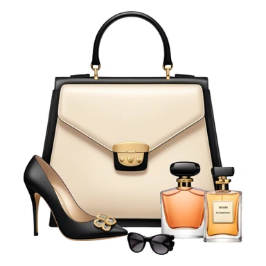 A photorealistic icon featuring stylish fashion accessories like high heels, a designer handbag, sunglasses, and a perfume bottle, arranged elegantly. Soft, luxurious colors with detailed textures and lighting that convey beauty and style. Transparent background, symbolizing fashion and beauty. sticker