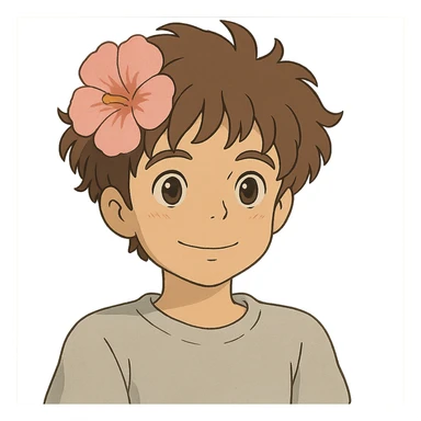 a boy with fluffy, wavy short hair and brown eyes, wearing a light grey t-shirt and a light pink flower on his head, ghibli style sticker