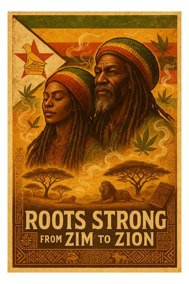 Design a powerful digital illustration in vintage poster style featuring a proud Zimbabwean Rasta man and woman with long dreadlocks and a knitted red, gold, and green tam. The background should blend the iconic Zimbabwe flag with textured detail — the red star, bird emblem, and bold stripes clearly visible but stylized with artistic flair. Add rich African earth tones, golden sunlight, and natural scenery like acacia trees, lions, or smoke from a healing herb circle. The Rasta should have a wise, peaceful expression — eyes full of ancient memory and inner fire. Incorporate ganja leaves subtly in the design, maybe flowing with the wind or circling the character like aura energy. Accent with traditional Shona patterns or mbira (thumb piano) motifs. Let the message reflect strength, unity, and ancestral healing. Optional text: “Roots Strong from Zim to Zion” or “Mash up Babylon from Harare to di hills.” sticker