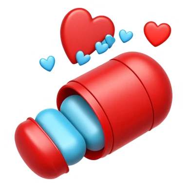 pill capsule split open with tiny hearts coming out playful emoji style sticker