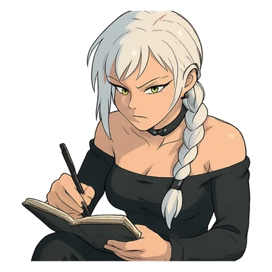  she is scribbling furiously in a notebook, a closeup portrait of young woman with gold yellow eyes, white hair, long braid, black off-shoulder top d-cup, punk gothic style, futuristic cyberwave cyberpunk, sitting position
 sticker