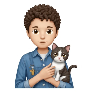Apple emoji of a curly hair and dark brown eyes 13 year old boy with denim shirt and overalls with a black and white cat sticker