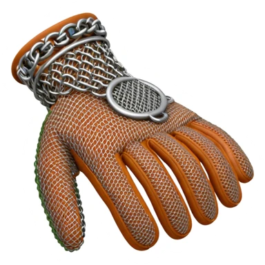 3D render of Butcher’s Glove, made of interlocking chainmail metal rings, wire mesh texture, visible holes and negative space, metallic silver and grey, high contrast shadows, Apple emoji style, isolated on white background --v 6.0. sticker