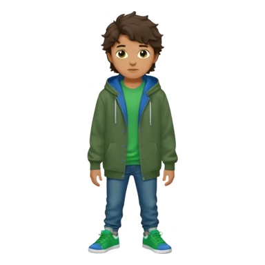 a 14 year old slightly tanned teenage boy with dark brown tousled wavy hair, wearing a green tshirt, with a dark green hoodie overcoat with blue jeans and green shoes sticker