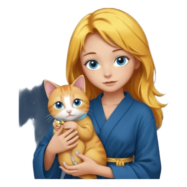 lightly tanned skin, blue eyes, cute and sexy girl with bright yellow-brown hair in a dark sky pallete robe, golden rings, slight cute makeup, full body, slightly turned aside pose, holding a cat in hands sticker
