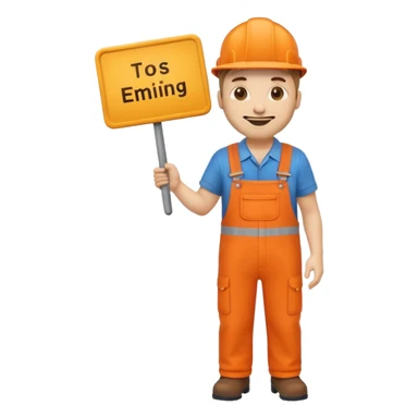 emoji style railway engineer full body in orange overalls, holding a sign in front of him sticker
