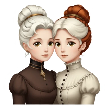 Two Victorian women with light eyes hugging closely, one with elegant white coiffed hair and one with dark copper coiffed hair, both wearing high-necked Victorian turtleneck dresses sticker