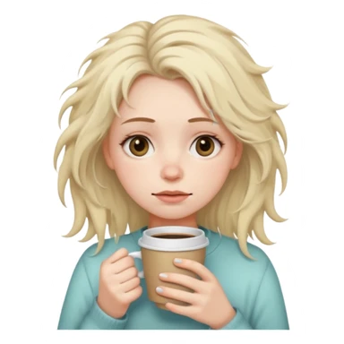 tired woman with dark circles under eyes holding a coffee cup, messy hair, soft pastel emoji style, calm neutral background sticker