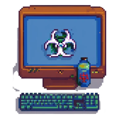 blue screen computer with a biohazard sign sticker