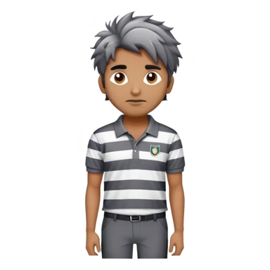 can you make an emoji of a man wearing a polo striped sweater and blak pants . gray and whtie stripes on the sweater, indian man with messy hair sticker