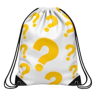 drawstring bag printed withoverstuffed with yellow question marks sticker