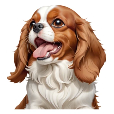 Cinematic Cute Yawning Blenheim Cavalier King Charles Spaniel Portrait Emoji, Head tilted slightly with a dramatic, wide-open yawn, soft Blenheim coat with delicate chestnut and white markings, floppy ears slightly drooping, round brown eyes barely open in drowsy contentment, Simplified yet irresistibly adorable features, highly detailed, glowing with a soft, cozy glow, high shine, relaxed yet expressive, stylized with a touch of whimsy, bright and endearing, soft glowing outline, capturing the essence of a sleepy yet affectionate companion, so drowsy it feels like it could stretch right out of the screen and curl up for a nap! sticker