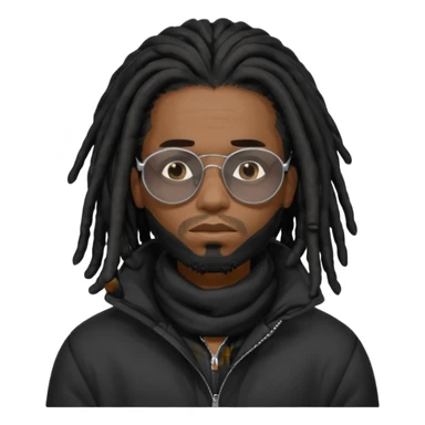 African American man brown skin complexion with black dreadlocks shoulder length wearing black bubble winter coat wearing black sunglasses with right hand on face covering sad face sticker