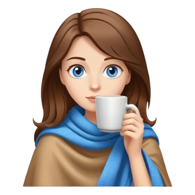 Brown hair with blue eyes lady wearing light brown blanket drinking coffee  sticker