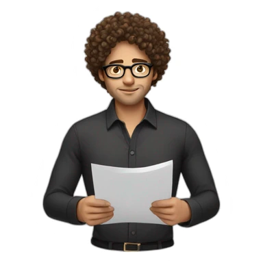 Attractive brown curly hair men with round black glasses writing down a note sticker