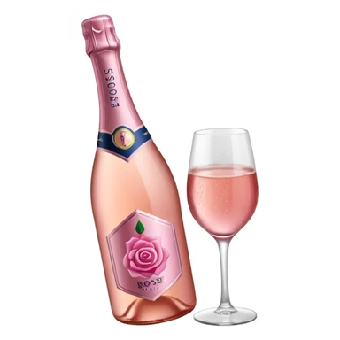 bottle of sparkling rosé with a rose logo on the label, angled to the left, no glass sticker