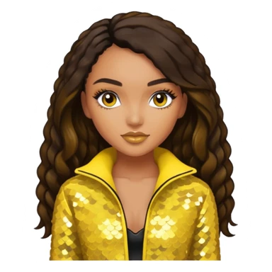 Leigh-Anne Pinnock from Little Mix with long dark brown hair, yellow sequin outfit sticker