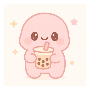 pink character holding bubble tea, joyful expression, kawaii style sticker