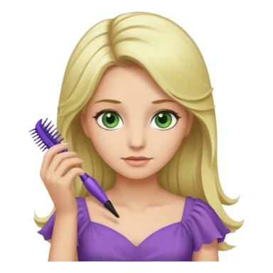 blonde woman with swamp green eyes, soft purple dress, combing her hair, iOS emoji style sticker