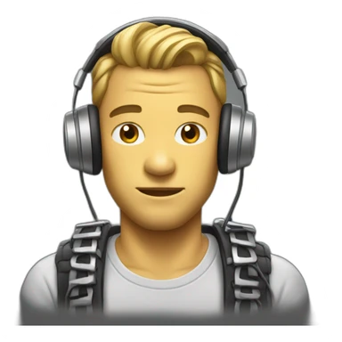 Man with headphones and metal shirt sticker