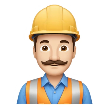 Business owner, well dressed, blue shirt, mustache, construction protection hat, happy sticker