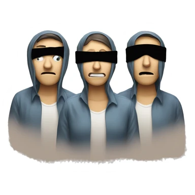 An emoji of three people representing 'see no evil, hear no evil, speak no evil.' One person has their eyes covered with a blindfold, another is covering their ears, and the third is covering their mouth sticker