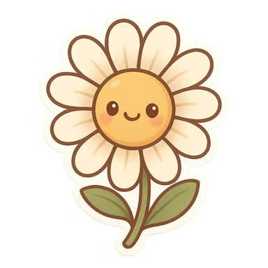 a daisy flower with a smiling face in the center, cartoon style sticker