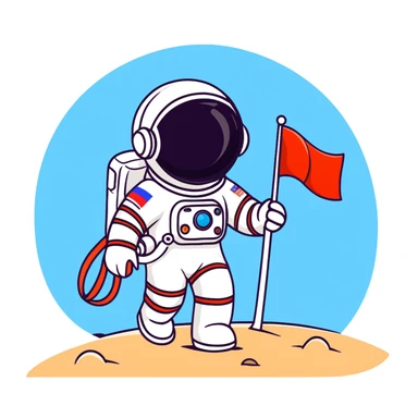 Cosmonaut walking on a planet surface, wearing a spacesuit with Russian flag, light hair and light skin visible through helmet sticker