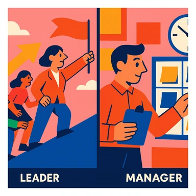 split image with left side showing a leader guiding a team and right side showing a manager organizing tasks, both working together in vibrant toon style sticker