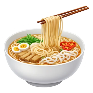 Yunnan over-the-bridge rice noodles with separate ingredients, simplified emoji style with bold outlines and bright colors, cartoon style Chinese noodle dish sticker