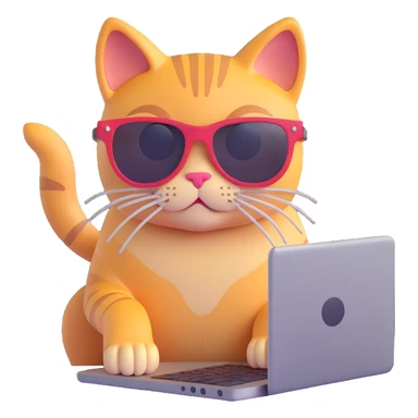 cat with sunglasses using a computer, 3d emoji style sticker