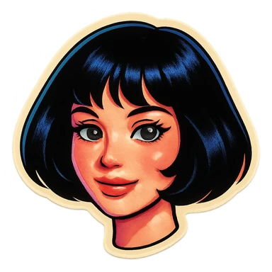 sexy but cute girl with pale skin, black bob haircut, light makeup, big expressive eyes, soft smile, Telegram sticker style, head only without neck, white background sticker