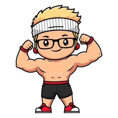 Regular man with black and white cap, bare torso, red shorts, clear glasses, messy light blond mullet hairstyle, smiling and flexing muscles sticker