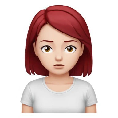 younger woman shrugging, eyes closed, white t-shirt, dark red hair, black eyebrows sticker