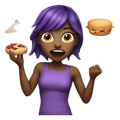 Girl with purple skin shouting at food sticker