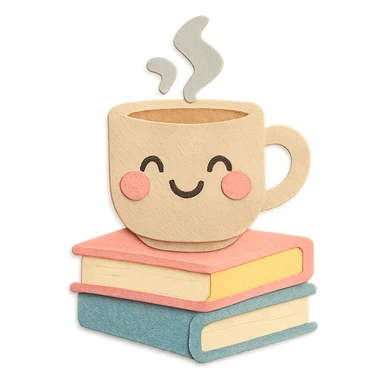 coffee cup with stack of books, blushing cheeks, cozy hand-drawn pastel style sticker