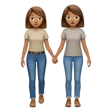 based on emoji style, two people walking together. one is brown-haired woman, wearing a shirt,  Another one is a non-binary person, wearing t shirt and jeans, and the second person doesn't have anything on their hands. They are not holding hands sticker
